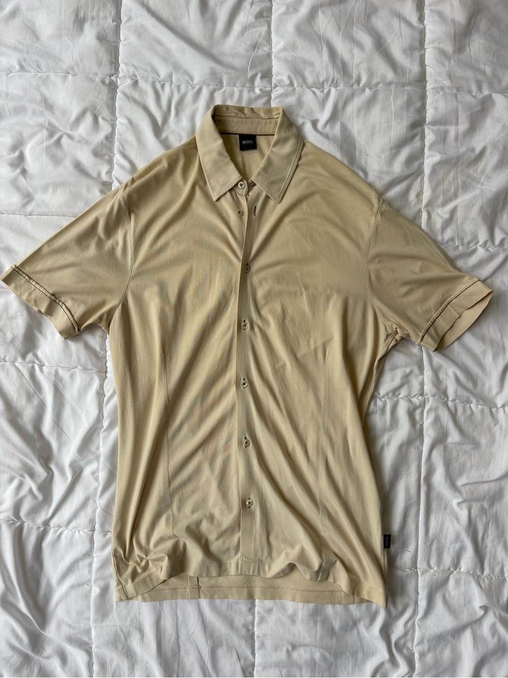 BOSS Men's Light Beige Short-Sleeve Button-Down Shirt